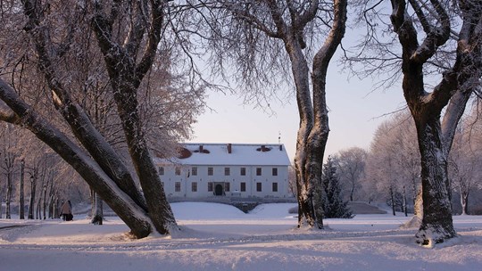 slott i snötäckt landskap